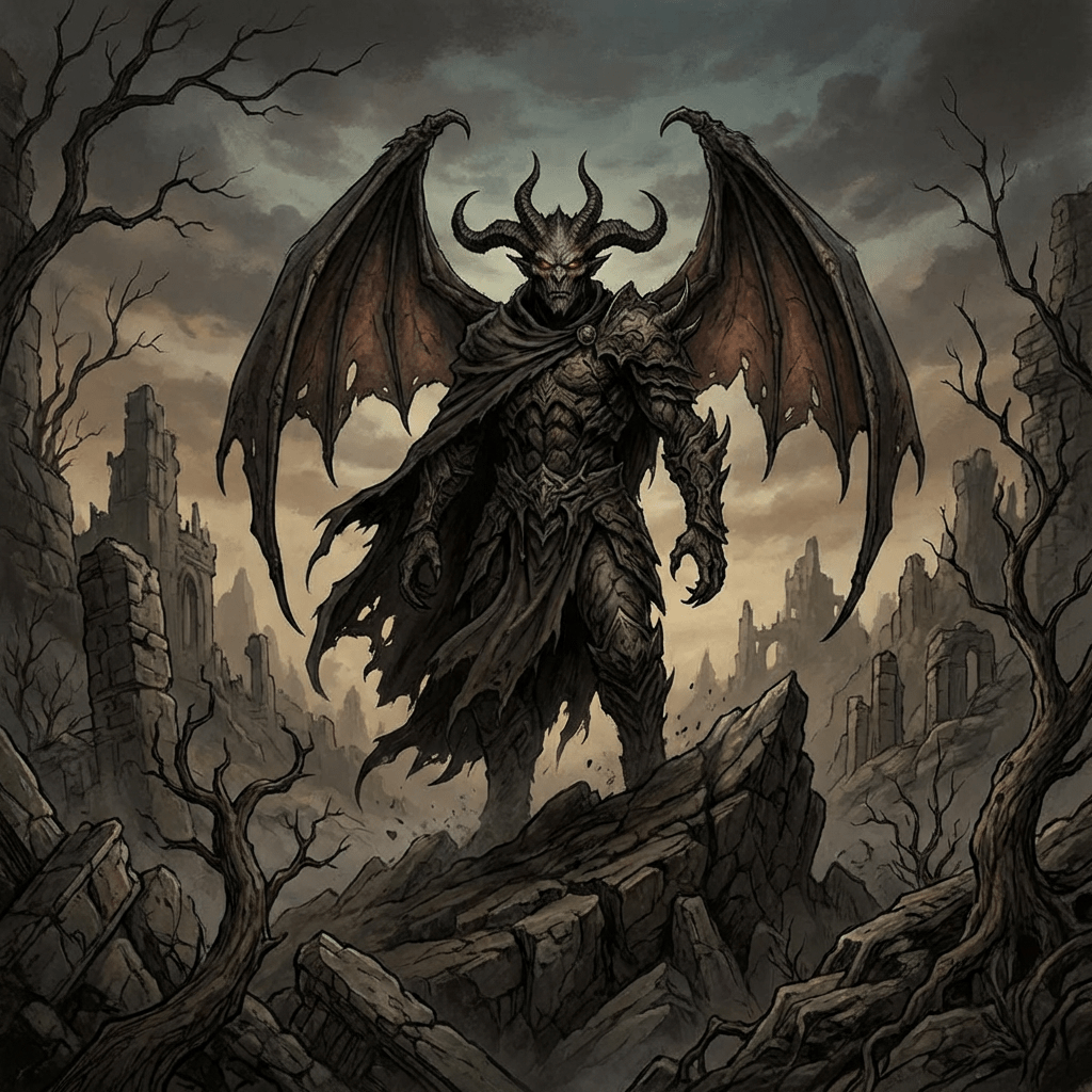 Demonic figure with large bat-like wings standing in a ruined landscape.