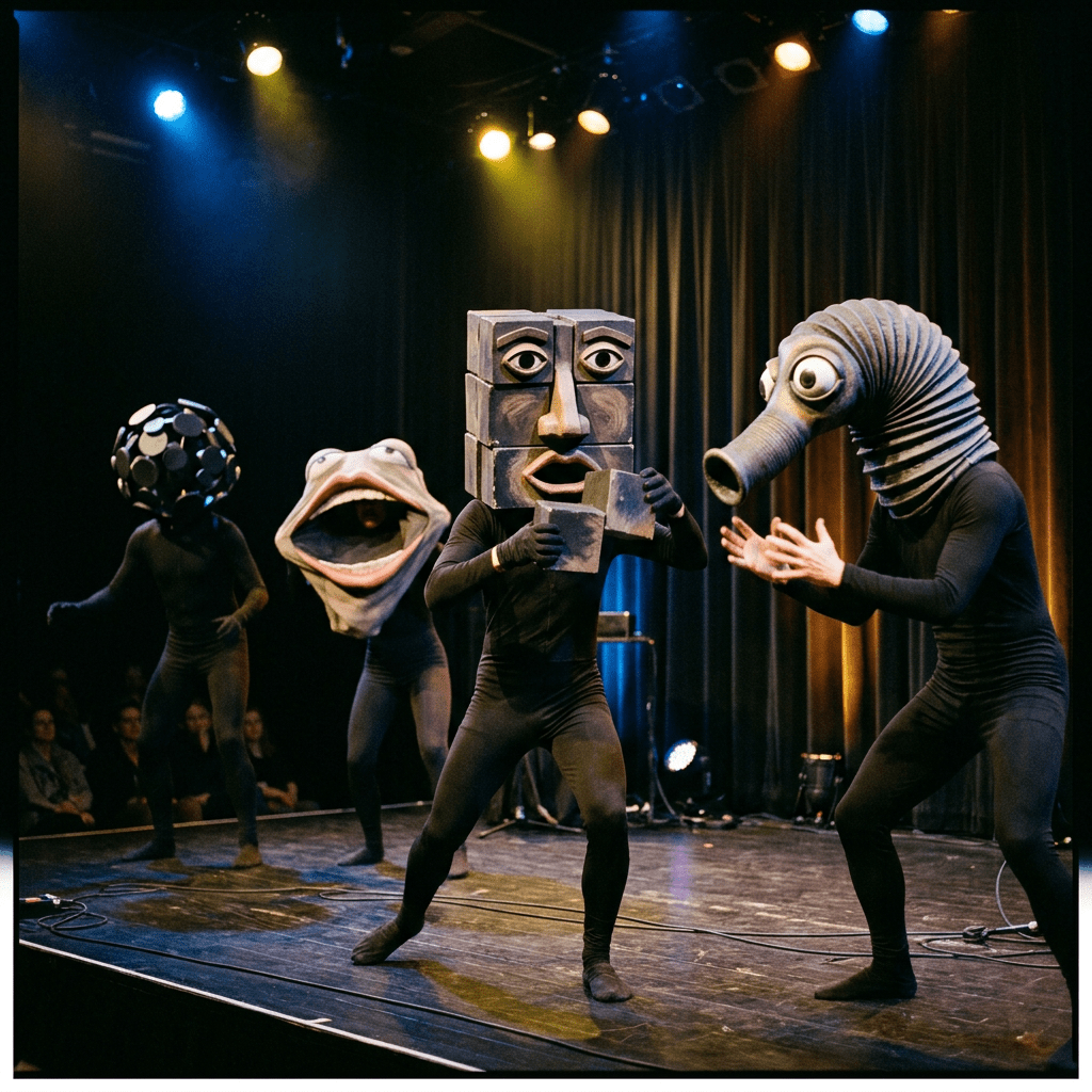 Four actors on stage wearing large surreal masks including a sphere, frog mouth, block face, and trunk-like mask
