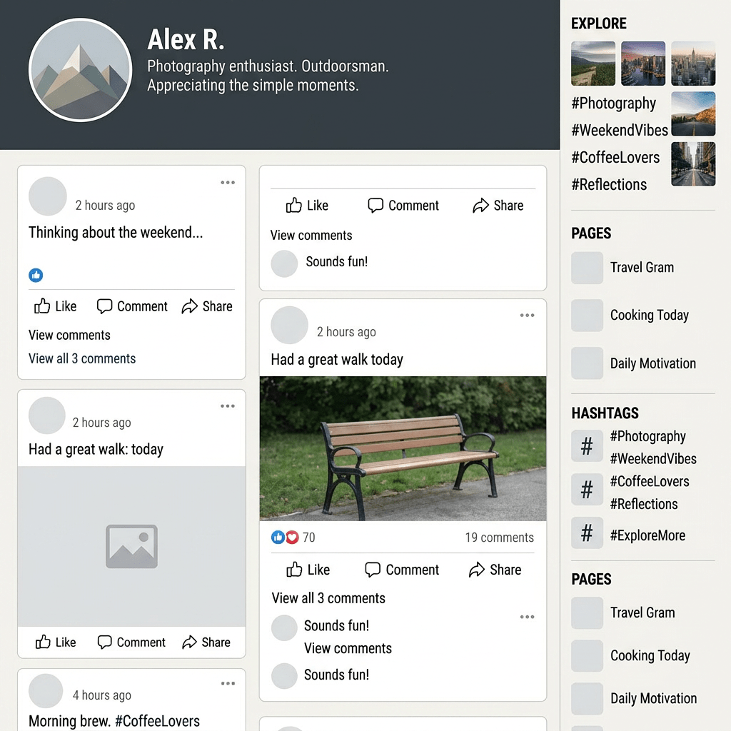 Social media feed showing posts about a park bench and a walk