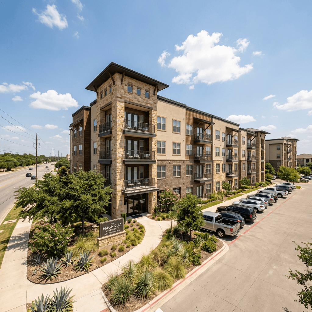 Four-story modern apartment building with stone and wood accents, balconies, landscaped greenery, and a parking lot with cars