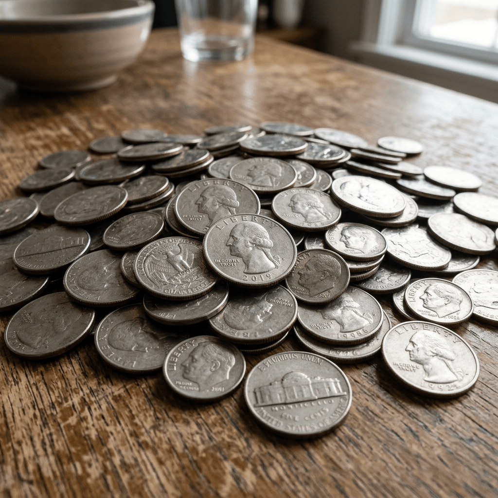 Scattered U.S. coins on a wooden table