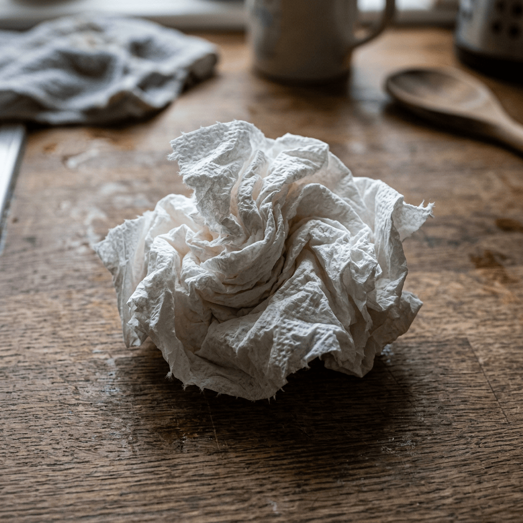 Crumpled white paper towel on a wooden kitchen counter