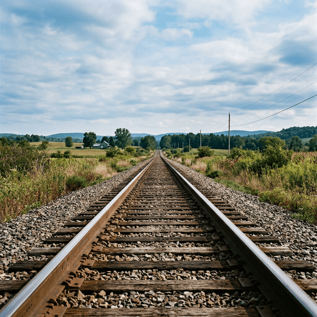 Railway tracks extending through rural farmland toward distant hills